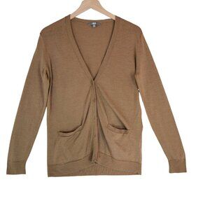 Uniqlo 100% Wool Cardigan Size XS Camel Brown Lightweight Long Sleeve Minimalist